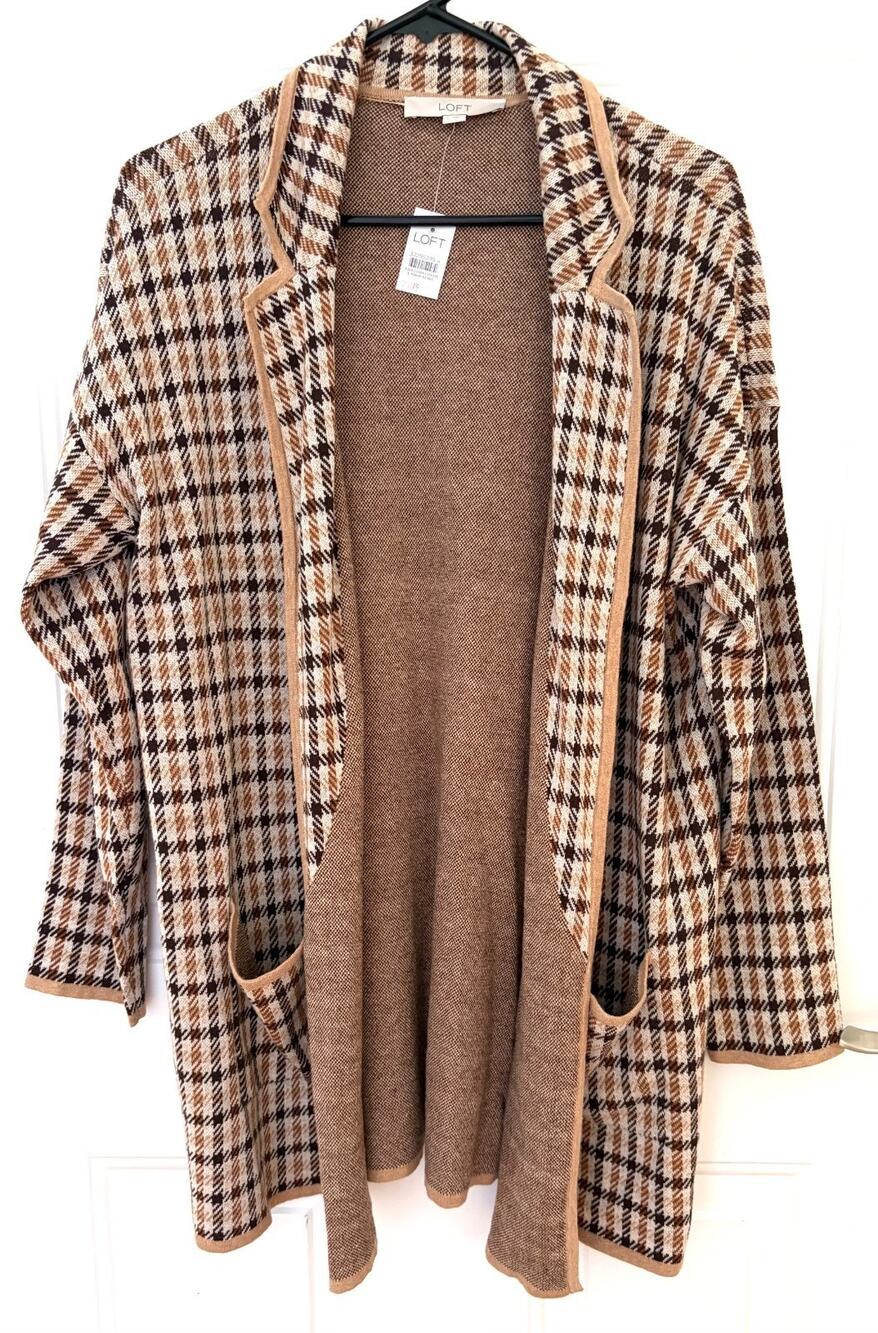 LOFT Plaid Longline Cardigan Sweater Jacket Women Large L NWT Open Front Brown